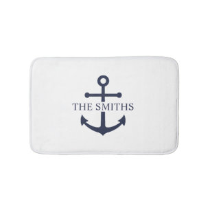 Nautical Navy Blue Anchor Personalised Family Name Bath Mat
