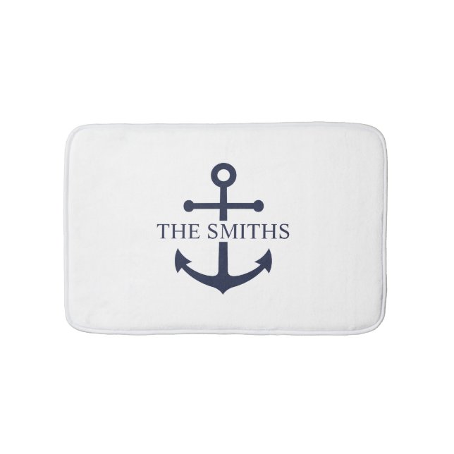 Nautical Navy Blue Anchor Personalised Family Name Bath Mat (Front)
