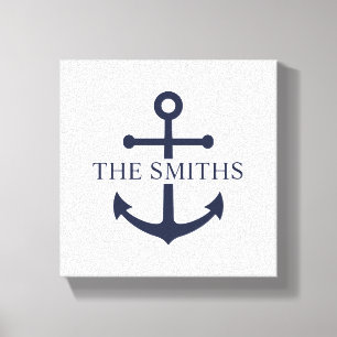 Nautical Navy Blue Anchor Personalised Family Name Canvas Print
