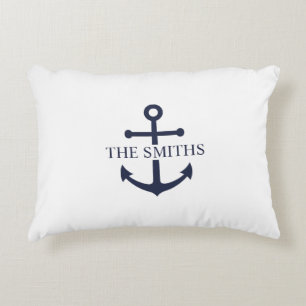 Nautical Navy Blue Anchor Personalised Family Name Decorative Cushion
