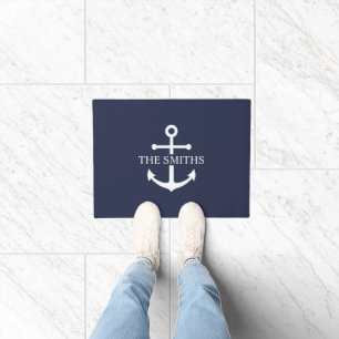 Nautical Navy Blue Anchor Personalised Family Name Doormat