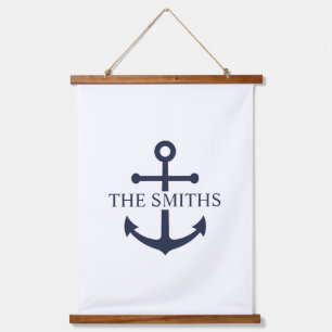 Nautical Navy Blue Anchor Personalised Family Name Hanging Tapestry