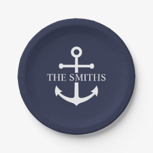 Nautical Navy Blue Anchor Personalised Family Name Paper Plate