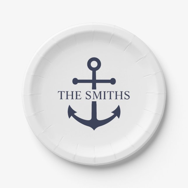 Nautical Navy Blue Anchor Personalised Family Name Paper Plate (Front)