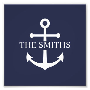 Nautical Navy Blue Anchor Personalised Family Name Photo Print