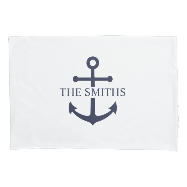 Nautical Navy Blue Anchor Personalised Family Name Pillowcase (Front)
