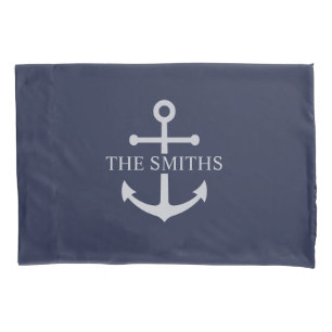 Nautical Navy Blue Anchor Personalised Family Name Pillowcase