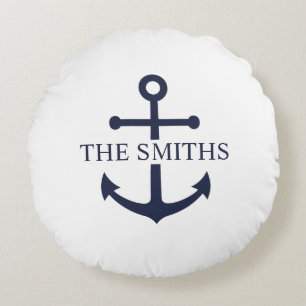 Nautical Navy Blue Anchor Personalised Family Name Round Cushion