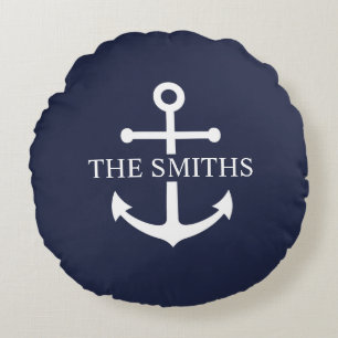 Nautical Navy Blue Anchor Personalised Family Name Round Cushion