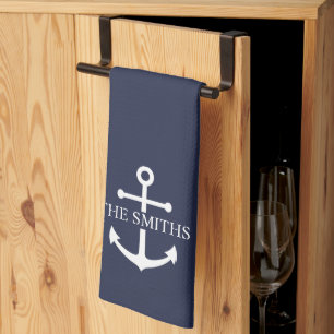 Nautical Navy Blue Anchor Personalised Family Name Tea Towel