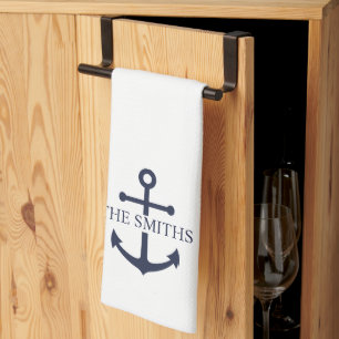Nautical Navy Blue Anchor Personalised Family Name Tea Towel