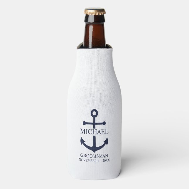 Nautical Navy Blue Anchor Personalised Groomsmen Bottle Cooler (Bottle Front)
