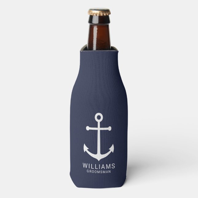 Nautical Navy Blue Anchor Personalised Groomsmen Bottle Cooler (Bottle Front)