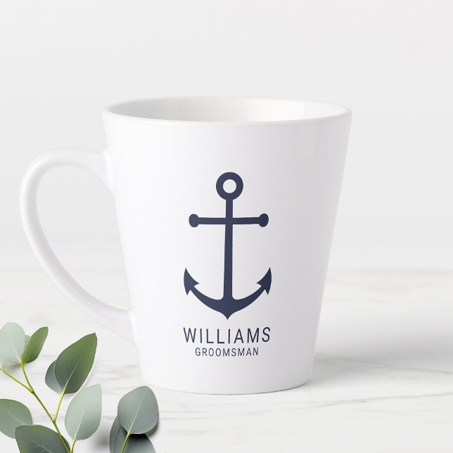 Nautical Navy Blue Anchor Personalised Groomsmen C Latte Mug (Creator Uploaded)