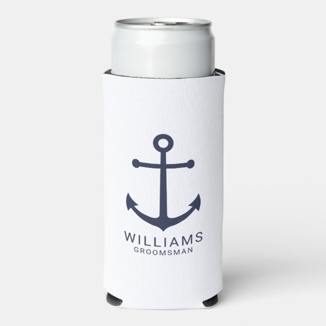 Nautical Navy Blue Anchor Personalised Groomsmen C Seltzer Can Cooler (Seltzer Front)
