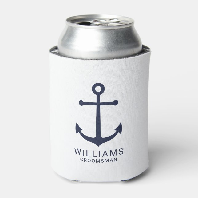 Nautical Navy Blue Anchor Personalised Groomsmen Can Cooler (Can Front)