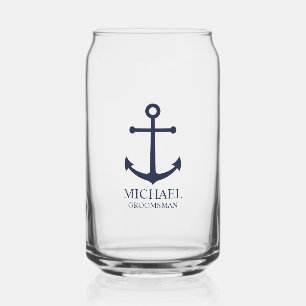 Nautical Navy Blue Anchor Personalised Groomsmen Can Glass