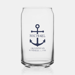 Nautical Navy Blue Anchor Personalised Groomsmen Can Glass