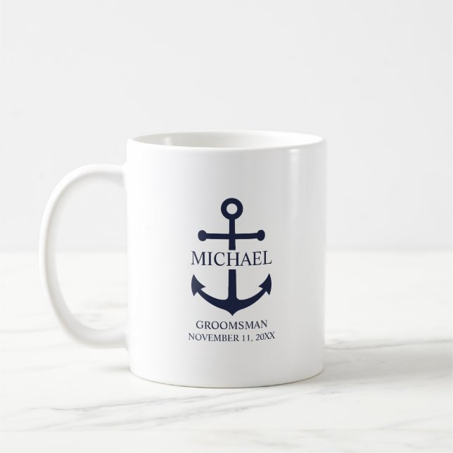Nautical Navy Blue Anchor Personalised Groomsmen Coffee Mug (Left)