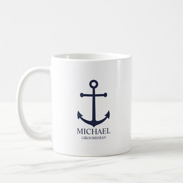Nautical Navy Blue Anchor Personalised Groomsmen Coffee Mug (Left)