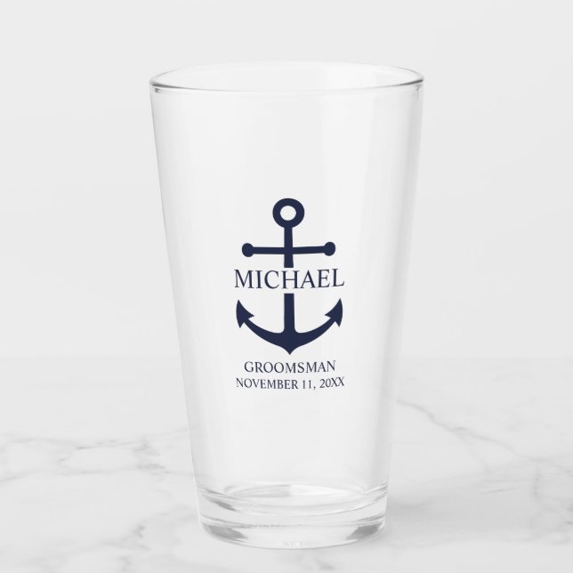 Nautical Navy Blue Anchor Personalised Groomsmen Glass (Front)