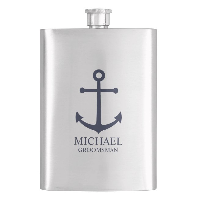Nautical Navy Blue Anchor Personalised Groomsmen Hip Flask (Front)