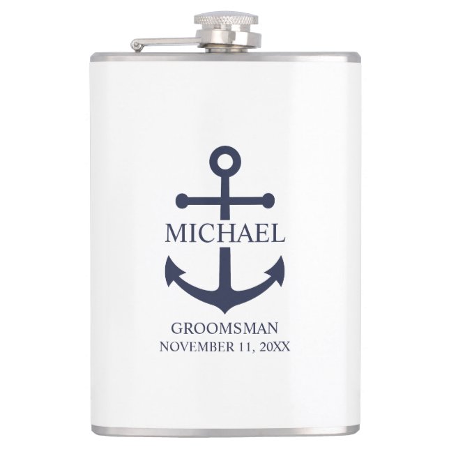 Nautical Navy Blue Anchor Personalised Groomsmen Hip Flask (Front)