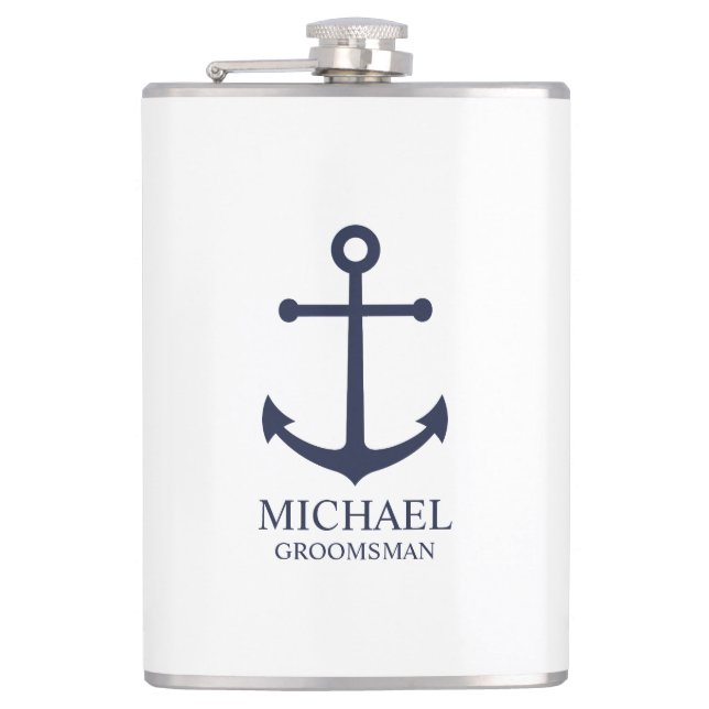 Nautical Navy Blue Anchor Personalised Groomsmen Hip Flask (Front)