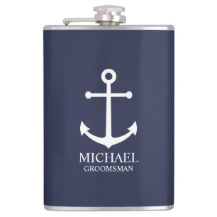 Nautical Navy Blue Anchor Personalised Groomsmen Hip Flask