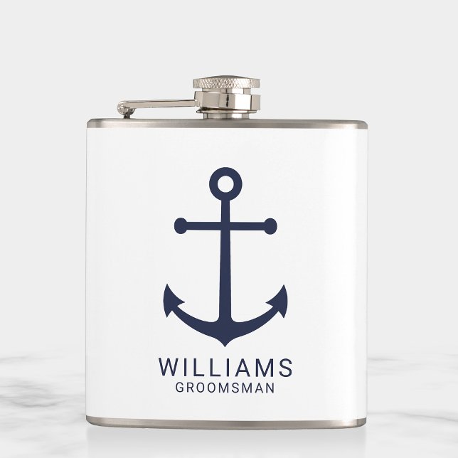 Nautical Navy Blue Anchor Personalised Groomsmen Hip Flask (Creator Uploaded)