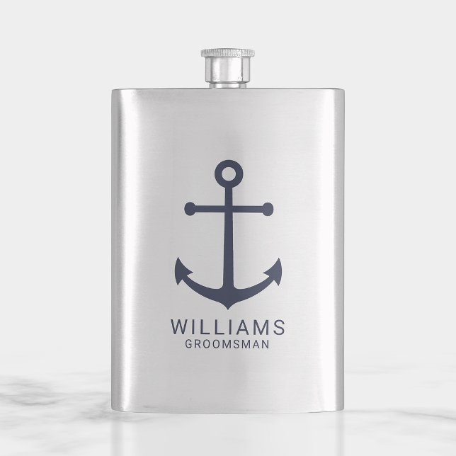 Nautical Navy Blue Anchor Personalised Groomsmen Hip Flask (Creator Uploaded)