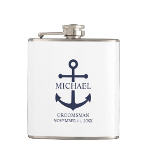 Nautical Navy Blue Anchor Personalised Groomsmen Hip Flask