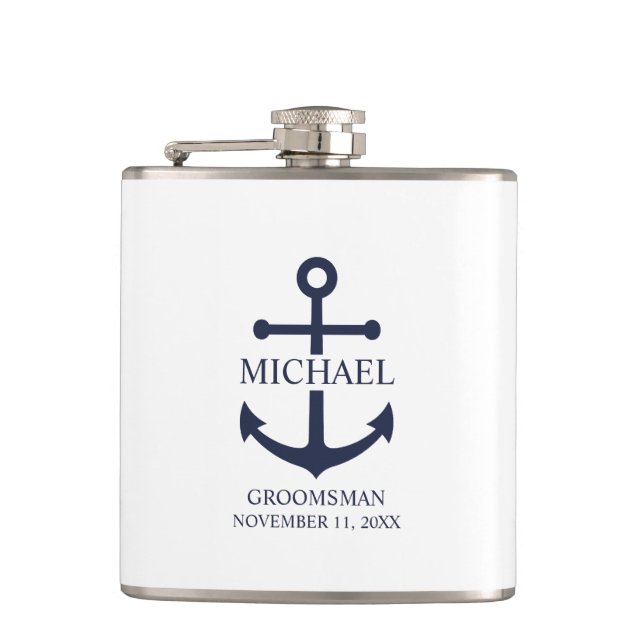 Nautical Navy Blue Anchor Personalised Groomsmen Hip Flask (Front)
