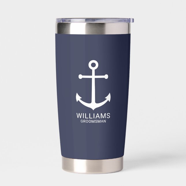 Nautical Navy Blue Anchor Personalised Groomsmen Insulated Tumbler (Left)