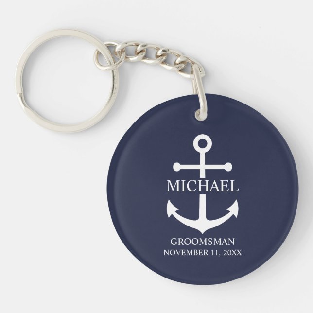 Nautical Navy Blue Anchor Personalised Groomsmen Key Ring (Front)