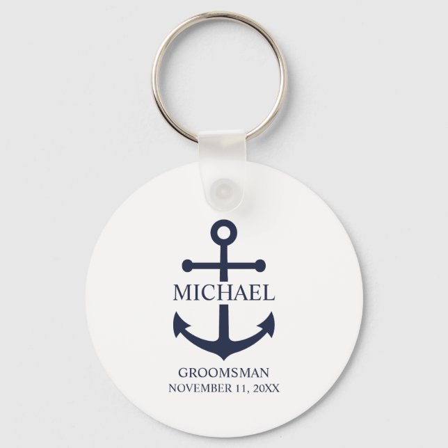 Nautical Navy Blue Anchor Personalised Groomsmen Key Ring (Front)