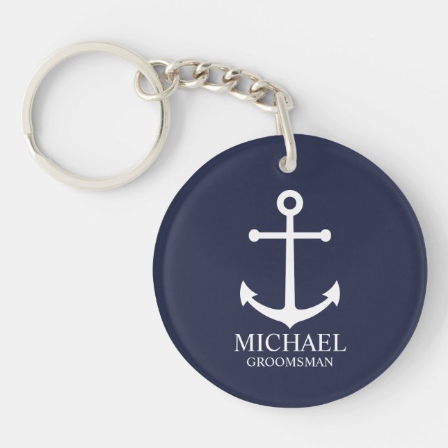 Nautical Navy Blue Anchor Personalised Groomsmen Key Ring (Front)