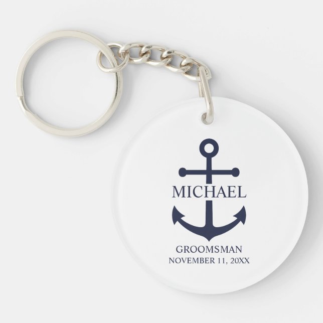 Nautical Navy Blue Anchor Personalised Groomsmen Key Ring (Front)