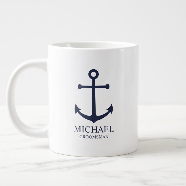 Nautical Navy Blue Anchor Personalised Groomsmen Large Coffee Mug (Left)