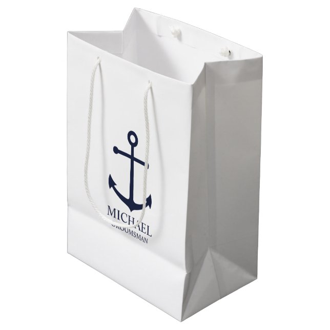 Nautical Navy Blue Anchor Personalised Groomsmen Medium Gift Bag (Front Angled)