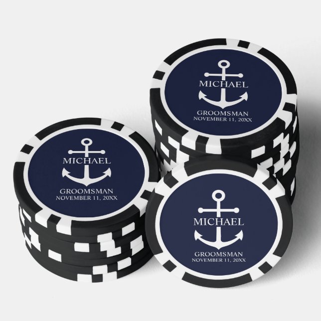 Nautical Navy Blue Anchor Personalised Groomsmen Poker Chips (Stack)
