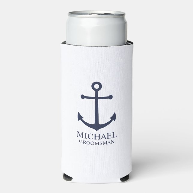 Nautical Navy Blue Anchor Personalised Groomsmen Seltzer Can Cooler (Seltzer Front)