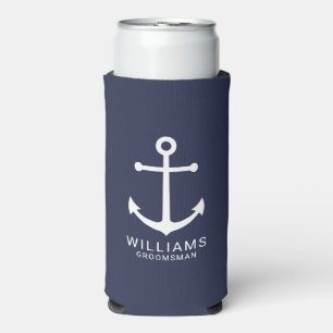 Nautical Navy Blue Anchor Personalised Groomsmen Seltzer Can Cooler