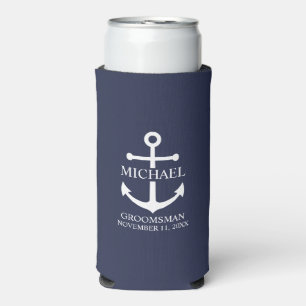 Nautical Navy Blue Anchor Personalised Groomsmen Seltzer Can Cooler