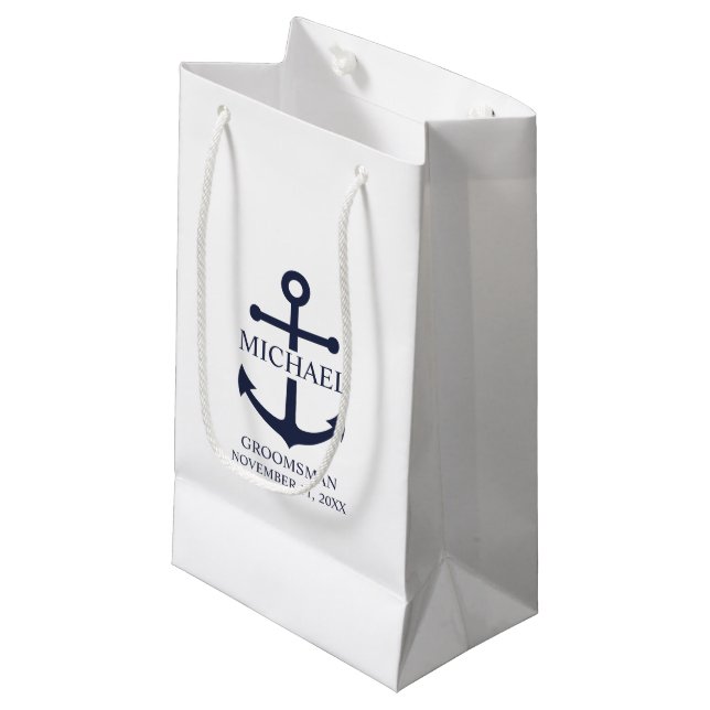 Nautical Navy Blue Anchor Personalised Groomsmen Small Gift Bag (Front Angled)