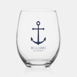 Nautical Navy Blue Anchor Personalised Groomsmen Stemless Wine Glass<br><div class="desc">Modern Minimalist Nautical Navy Blue Anchor Personalised Groomsmen Wine Glass
featuring navy blue anchor and personalised groomsman's name with title in navy blue modern sans serif font style.

Also perfect for best man,  father of the bride,  ring bearer,  maid of honour,  flower girl,  mother of the bride and more.</div>