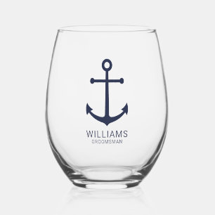 Nautical Navy Blue Anchor Personalised Groomsmen Stemless Wine Glass