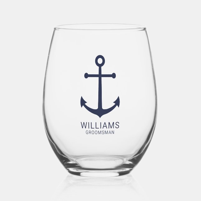 Nautical Navy Blue Anchor Personalised Groomsmen Stemless Wine Glass (Front)