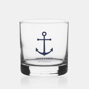 Nautical Navy Blue Anchor Personalised Groomsmen Whiskey Glass