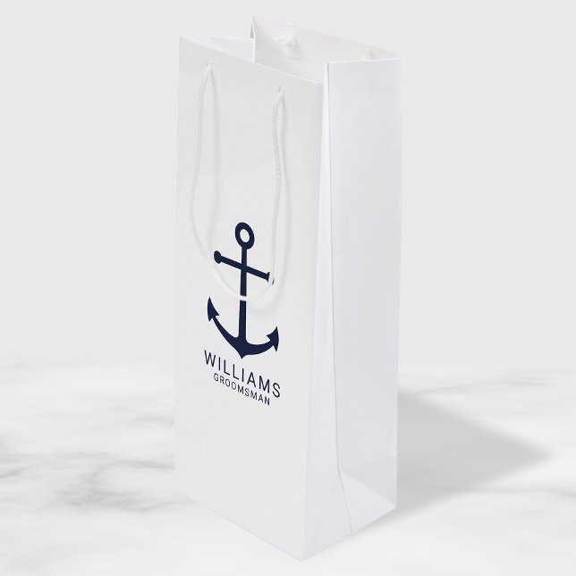 Nautical Navy Blue Anchor Personalised Groomsmen Wine Gift Bag (Creator Uploaded)
